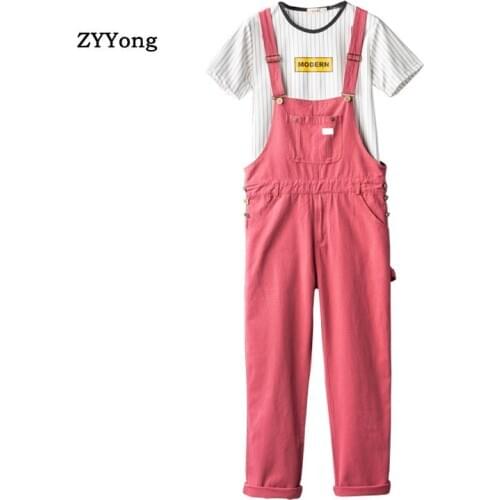 Jumpsuit Men Overalls Bib Cargo Pants Men Loose Straight Big Pocket Freight Hip Hop Streetwear Casual Pink Black Blue Trousers