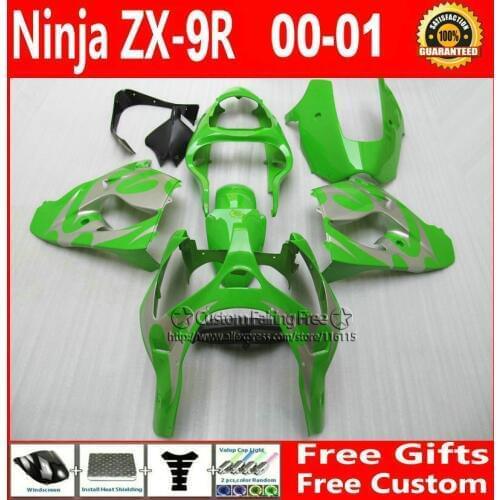 Best bodywork for Kawasaki Customize free right green fairing kit ZX9R 2000 2001 ZX 9R 00 01 Ninja customize bodykit+7Gifts