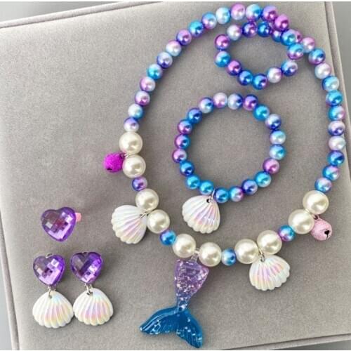 Summer 1set Fashion Kids Girls Child Pearl Acrylic Shell Shape Necklace Bracelet Ring Ear Studs Clips Jewelry Set Gift Sale