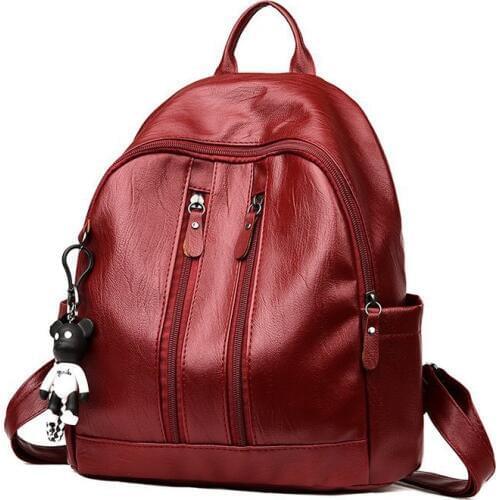 Leather Bag Female Women Backpack for Teenage Girls Female School Black Fashion Bear Pendant Youth Mochila Soft Double Zipper