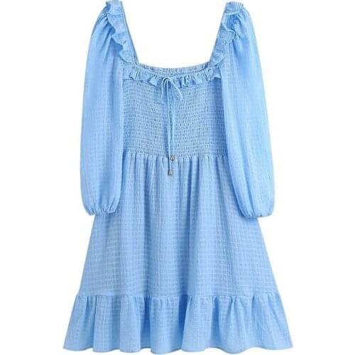 Summer Womens Dress New Mini Skirt Solid Color Puff Long-Sleeve Ruffled Square Collar Long Sleeve Lace Chic Dresses Female 2021