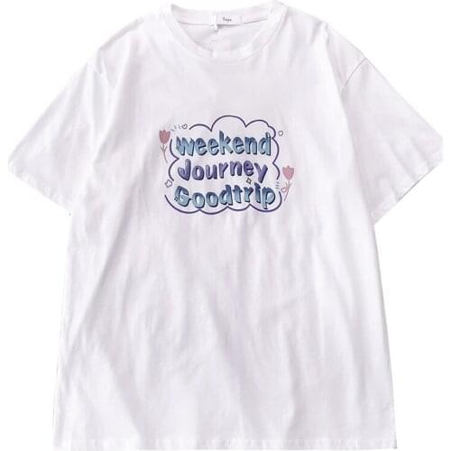 Cute letter flower gradient print O-neck loose all-match short-sleeved T-shirt