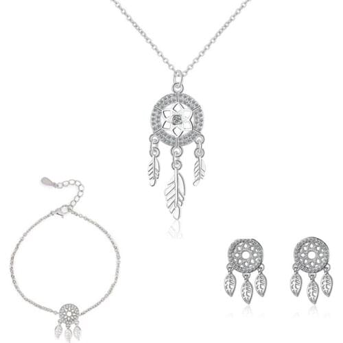 925 Sterling Silver Tassel Dreamcatcher Feather Necklace Earrings Rings Bracelet For Women Girls Jewelry Set Pendientes eh1140