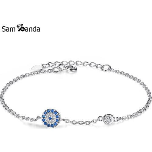 Fashion 100% 925 Sterling Silver Blue circle Bracelets & Bangles for Women Jewelry Rhinestone Chain Link Bracelet Female