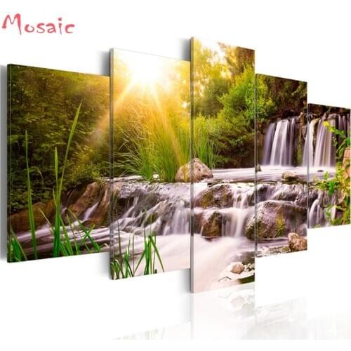 5pcs/set,5d Diy Diamond Painting"sunset waterfall"landscape Cross Stitch Kit Diamond Embroidery Mosaic diamond,home decoration
