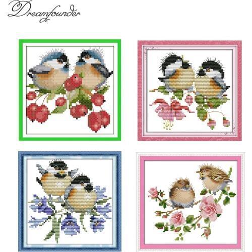 Chatted birds on purple-red flowers cross stitch kit Aida count 14ct 11ct print embroidery DIY handmade needlework supplies plus