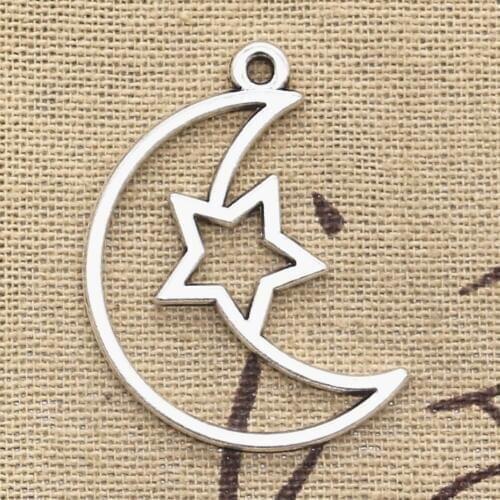 8pcs Charms Hollow Moon Star 36x25mm Antique Silver Color Plated Pendants Making DIY Handmade Tibetan Finding Jewelry