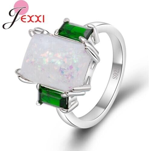 Latest Fashion 925 Sterling Silver Big Rectangle White Fire Opal Rings With Green Clear CZ Stones Women Engagement Anillos