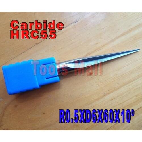 R0.5*6mm*10degree*60L HRC55 CNC wood End Mill wood working router bits,Taper ball nose milling cutter
