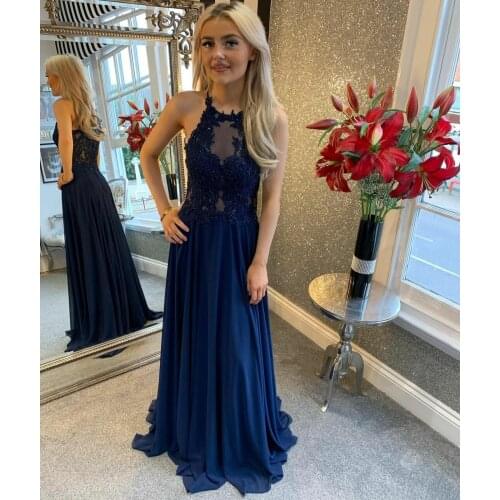 Retro Long Lace Beaded Prom Dresses with Pockets Floor Length Zipper Back Chiffon Halter Abendkleider Robes de Soirée for Women
