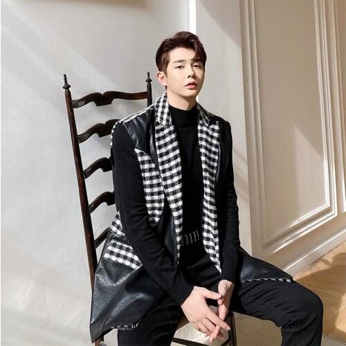 Light luxury style Korean personality loose and handsome stitching leather vest mens jacket tide brand top