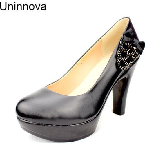Super High Heels Crystal Pumps Bow tie Women Genuine Platform Sapato Feminino Shallow Office Lady Court Shoes Uninnova WP104
