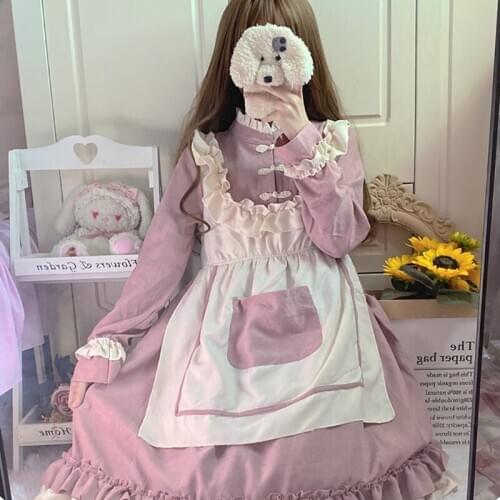 Japanese Sweet Gothic Lolita Dress Vintage Lolita Fake Two Piece Stitching Long-sleeved Dress Wood Ear Loli Dress Kawaii Girl