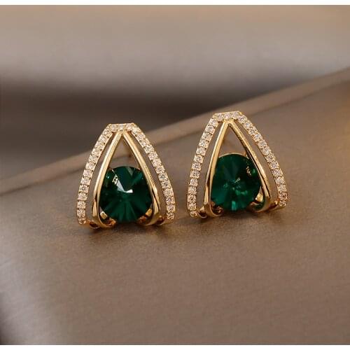 Green Acrylic Rhinestone Water Drop Golden Ladies Earrings Elegant Retro Fashion Stud Earrings 2021 Trend Daily Girl Jewelry