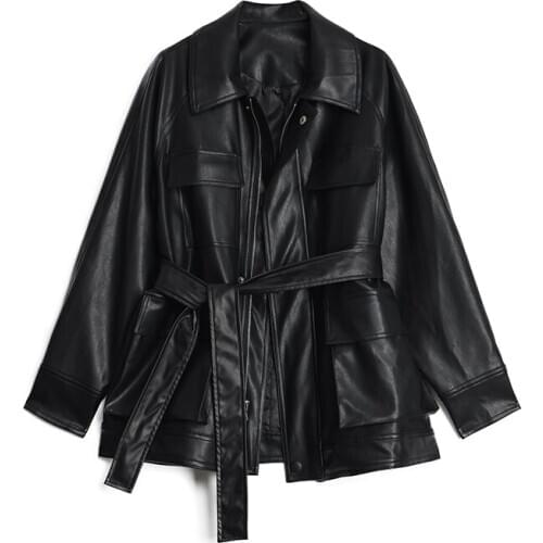 2021 Spring Autumn Loose Big Pocket Motorcycle Biker Vintage Retro Women Lady Faux Pu Leather Jackets With belt Jaqueta De Couro