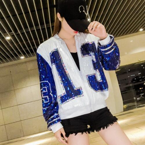 Chic Women Numbers Sequined Jacket Spring Autumn Beading Baseball Coat Streetwear Zipper Bomber Cardigan Gauze Spliced Crop Tops