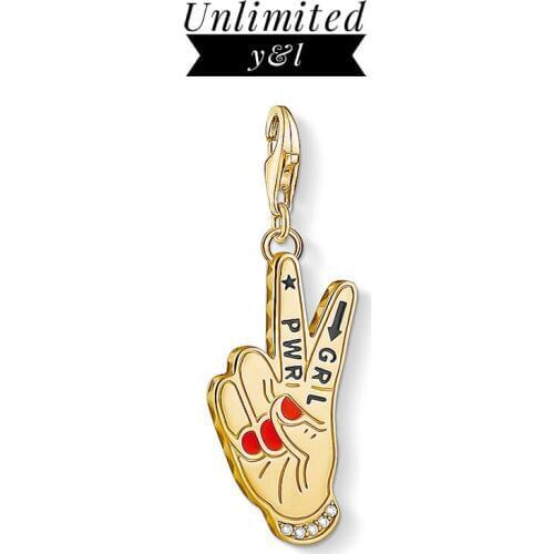 Hand Girl Power Charm Pendant Gold Color 925 Sterling Silver Victory Gestures for Bacelet Fashion Jewelry Accessories Women Men