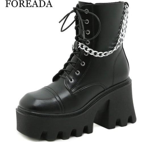 FOREADA Woman Goth Motorcycle Boots Autumn Chain Platform Thick Heel Shoes Super High Heel Square Toe Zipper Ladies Ankle Boots
