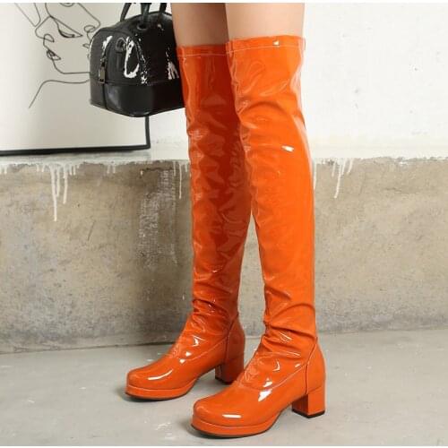 Womens over-the-knee boots Patent Leather Candy Winter High Boots Women Waterproof Green Yellow Long Shoes Ladies Large Size