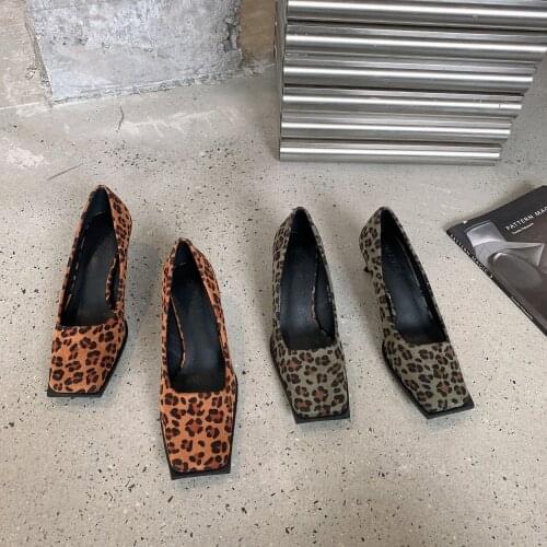New Spring Autumn Women Pumps Square Mules Shoes Leopard Pattern Thin Heel Sandals Comfortable And Casual Shoes