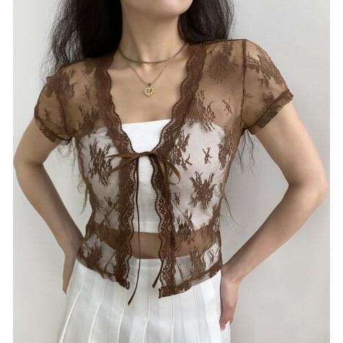 Woman Tshirts Vintage Y2K Lace Short Sleeve See Through Mesh V Neck Lace Up Kawaii Clothes single-row cardigan self-cultivation