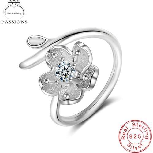 Hot Sale Fashion 925 Sterling Silver AAA Zircon Flowers Rings Open Adjustable Fine Sakura Rhinestone CZ Ring Women Jewelry Gift