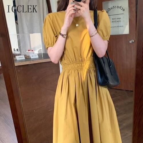 French Elegant Simple O-Neck Puff Sleeve Pleated Waist Slim 2021 Summer New One-Piece Korean Womens Casual Office Midi Dresses