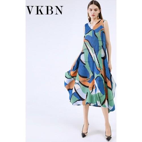 VKBN Women Dresses Summer 2021 Casual A-LINE Tank V-Neck Sleeveless Geometric Printing Pullover Ruched Fabric Maxi Dress