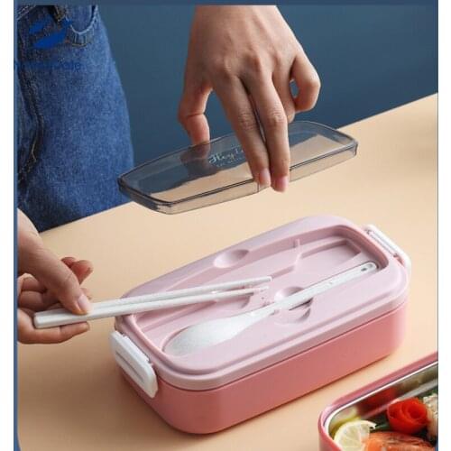304 Stainless Steel Lunch Box with Tableware Fitness Lunch Box PP Plastic Microwaveable Large Capacity with Spoon and Chopsticks