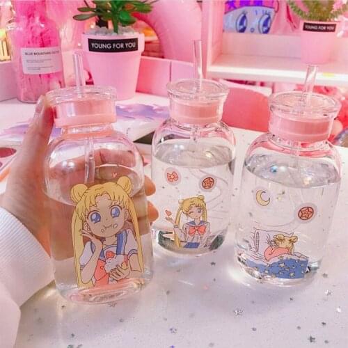 450ml/700ml Creative Cartoon Water Bottle With Straw Lid Kawaii Beautiful Girl Fashion Glass Portable Water Cup With Storage Bag