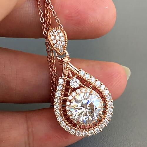 10K Rose Gold Women Pendants Necklaces Moissanite Diamond 0.5 1 2 3 4 5 Ct Round Water Drop Wedding Anniversary Engagement Party