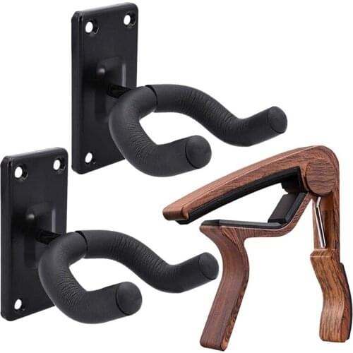 HOT Guitar Wall Mount 2 Pack Black Guitar Hanger with Guitar Capo for Acoustic Electric Guitars