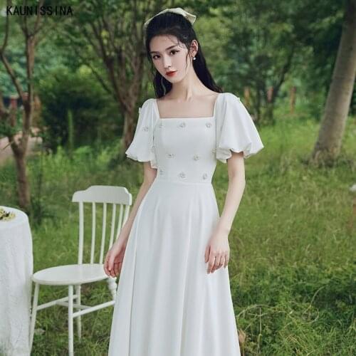 KAUNISSINA Square Collar Vintage Wedding Dress Short Sleeve A Line Simple Bridal Gowns Vestido De Noiva Long Bride White Dresses