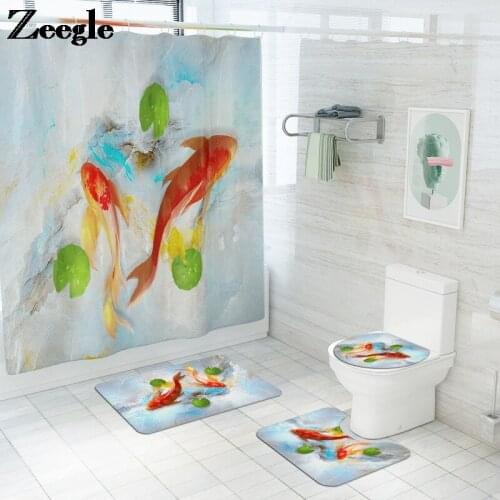 Traditional Style Bathroom Bath Mat and Shower Curtain Set Memory Foam U-Shaped Toilet Mat Shower Carpet for Bathroom