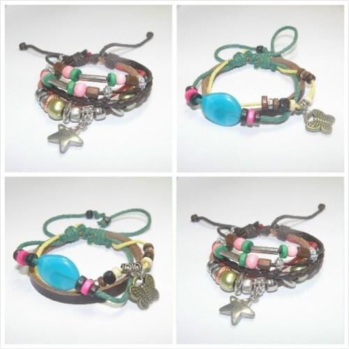 Leather Bracelet with Star Butterfly Charm pendan,fashion bracelet for Men Women