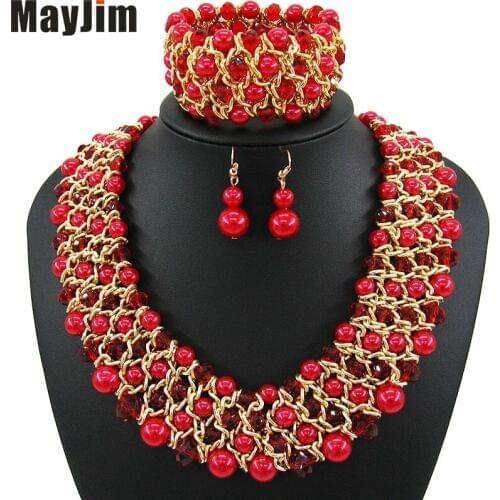 MayJim Statement fashion jewelry sets Handmade gold chain red african nigerian crystal bead dubai jewelry sets Vintage