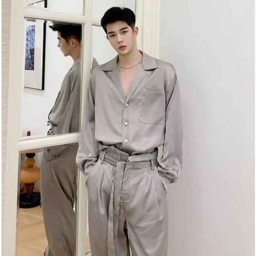 2021 New Men 2 Piece Suits Sets Men Long Sleeve Satin Style Casual Retro Fashion Shirt Wide Leg Belt Trousers Streetwear Shirt