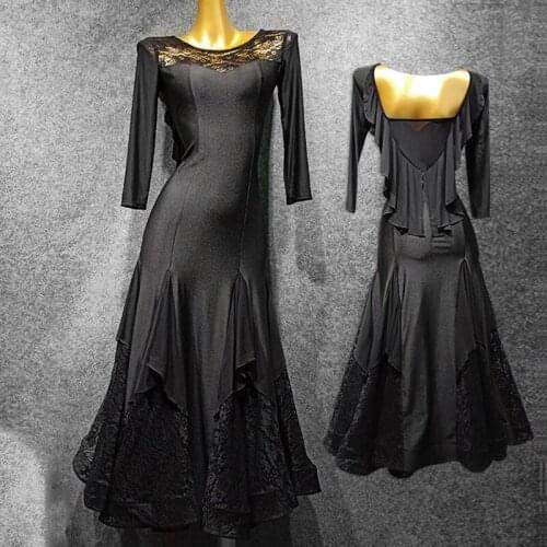 Latest Ballroom Dance Competition Dresses Lace 2020 Black Waltz Dress Long Sleeve Dress Womens Standard Ballroom Dress VDB790