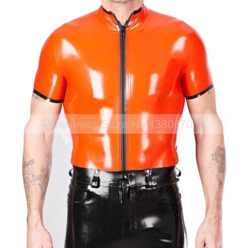 Orange Latex Men Top T-shirt Short Sleeves Rubber Tee With Front Zipper Costumes S-LSM042