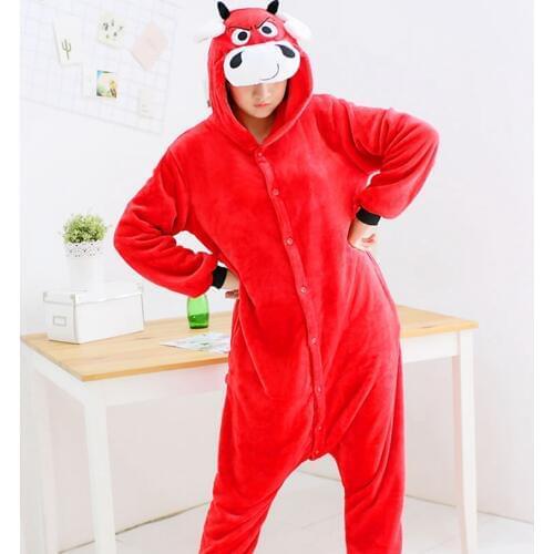 Adults Animal Pajamas Sets Cartoon Sleepwear Cosplay Zipper Women Men Winter Unisex Flannel Bull OX Pajamas
