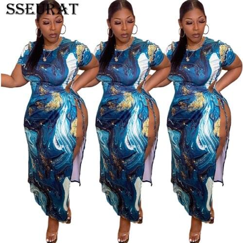 SSEURAT Women Long Dress Print Shorts Sleeve O-neck Bandage Hollow Out Splited Ankle Length Dress Summer