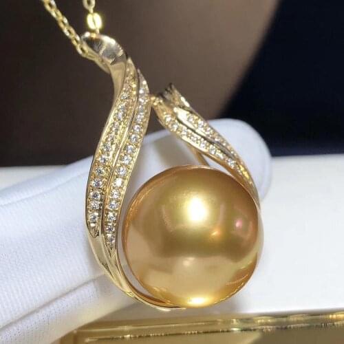 D317 Fine Jewelry 14K Yellow Gold Natural Ocean Golden Pearl 13-14mm Pendant Necklaces for Women FIne Pearls Pendants