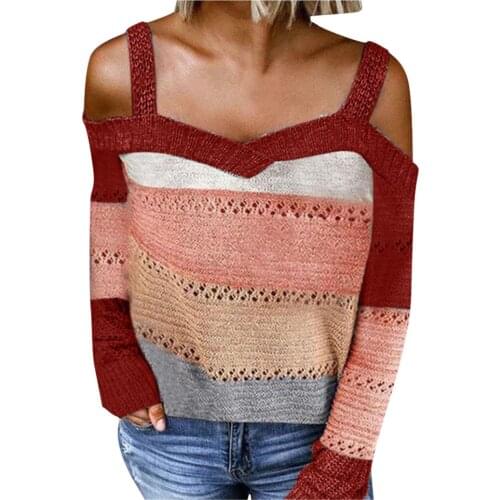Sexy Pullovers Women Long Sleeve Cold Shoulder Knitted Sweater Strappy Pullover Autumn Winter Shoulder Straps Soft Tops Oversize