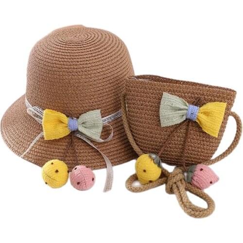 Europe America Bowknot Strawberry Parent-Child Sun Hat Bag Set Spring Summer Brand Children Straw Hats For Women Girl Wide Brim