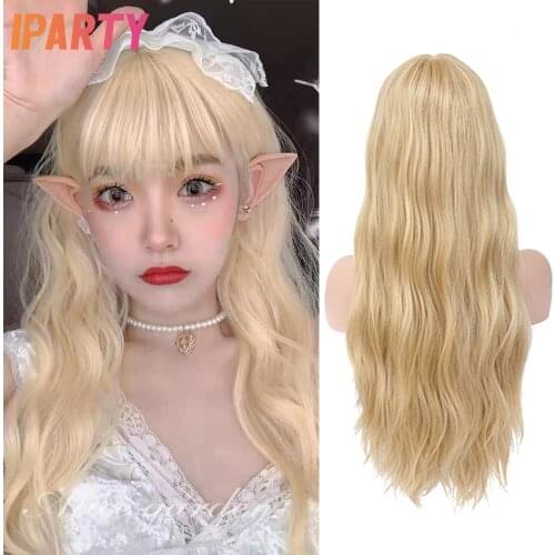 Blonde Synthetic Wig With Bangs Long Natural Wave Hair For Women Middle Part Heat Resistant Colorful Wigs Cosplay Party IPARTY