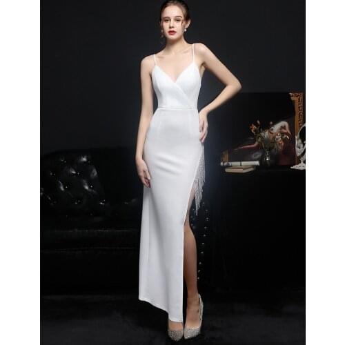 YIDINGZS Women Sumer Sexy Strap Dress White Party Slit Prom Dress With Beads
