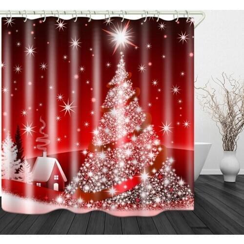 Christmas Tree Red Print Shower Curtain Waterproof Polyester Cloth & Rustproof Copper Buckle Non-Pollution 71 x 71 inches