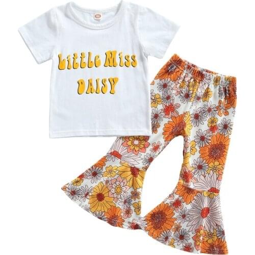 1-5Y Fashion Girls Casual Two-piece Clothes Set Letter Print White Round Collar T-shirt and Floral Printed Pattern Flared Pants