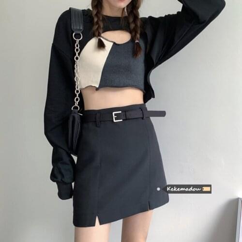 Black slit skirt female 2021 spring new high waist thinner hip skirt a-line skirt short skirt