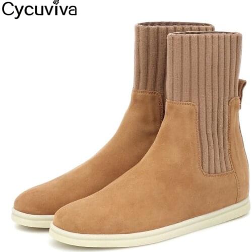Runway Suede Elastic Ankle Boots For Women Round Toe Womens Boots Brown Flat Brand Shoes Slip On Chelsea Boots Femme
